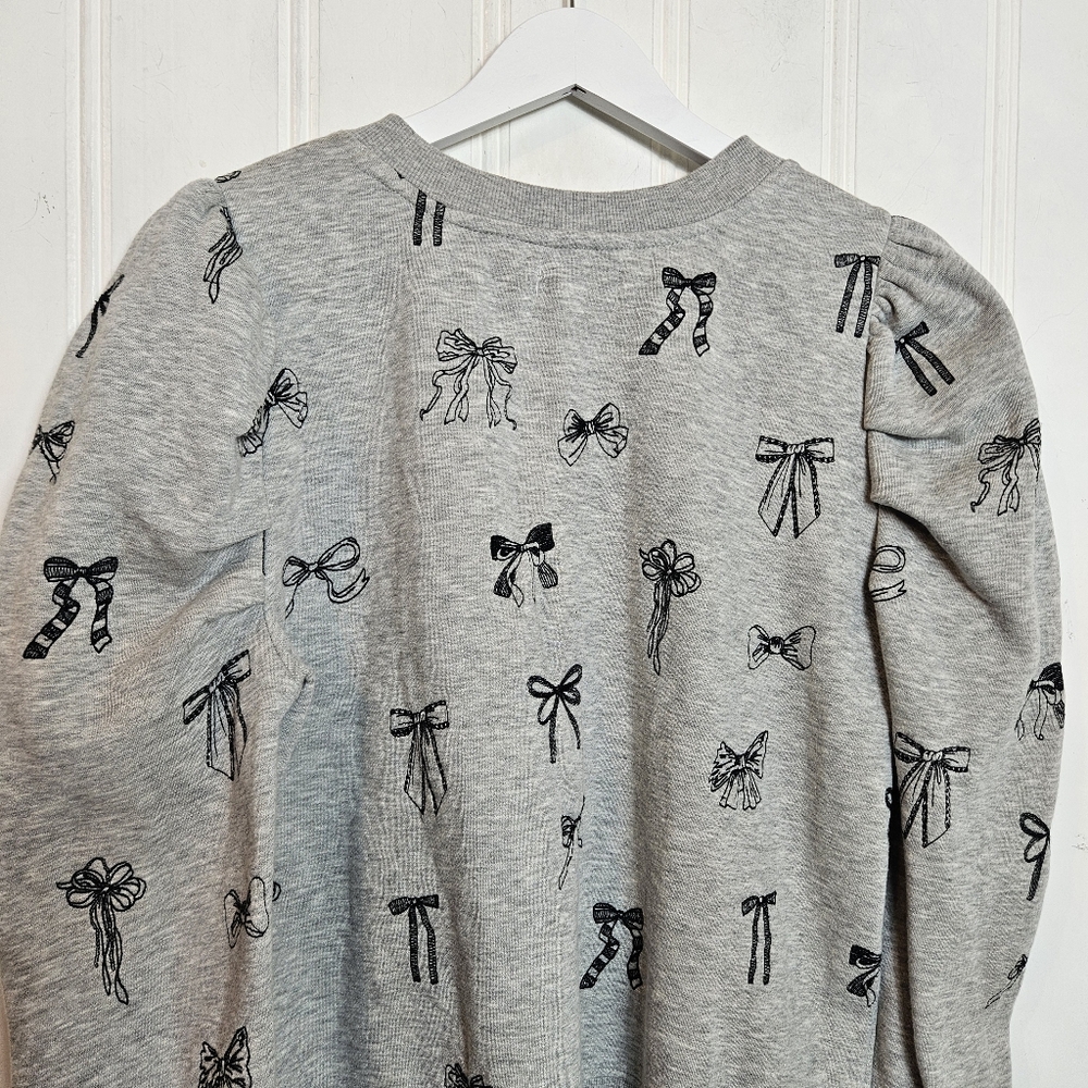 Anthropologie Casual Chic Gray Bow-Print Puff-Sleeve Sweatshirt - Picture 11 of 16